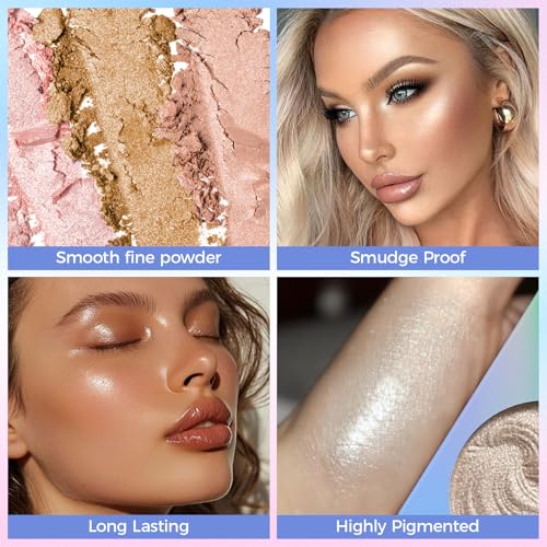 Lucoss Highlighter Palette, Baking Highlighter Bronze-Puder Langlebige Wasserfeste Gebackene Highlighter Puder Palette Makeup Palette Baked Brilliant Erhellen Sie Hautfarbe Face Contour Powder