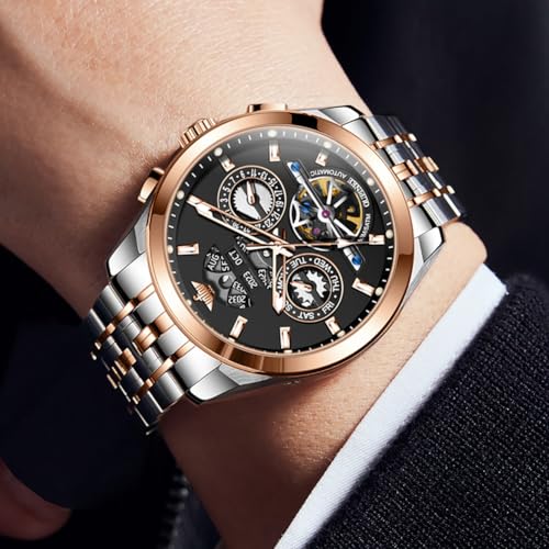 Image of OUPINKE Men Watch Automatic 5 Hands Multi Calendar Year /Month /Week /Date Mechanical 5ATM Waterproof Luxury Tungsten Steel Sapphire Crystal Wrist Watch for Men