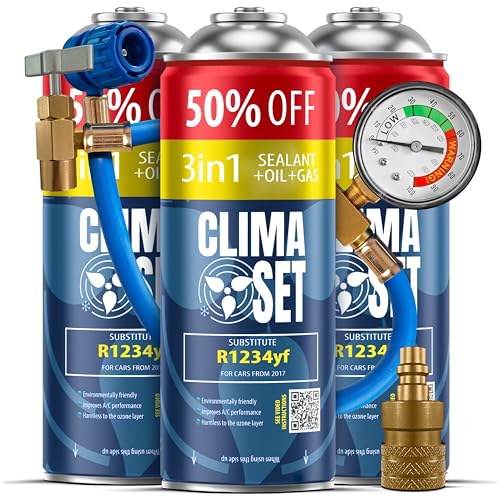 ClimaSet - 3 x 3 en 1 R 1234yf Recarga de aire acondicionado, aceite, sellador de fugas XL, manguera y adaptador - Kit de Recarga de Gas para Aire Acondicionado para Automóviles - 705 g