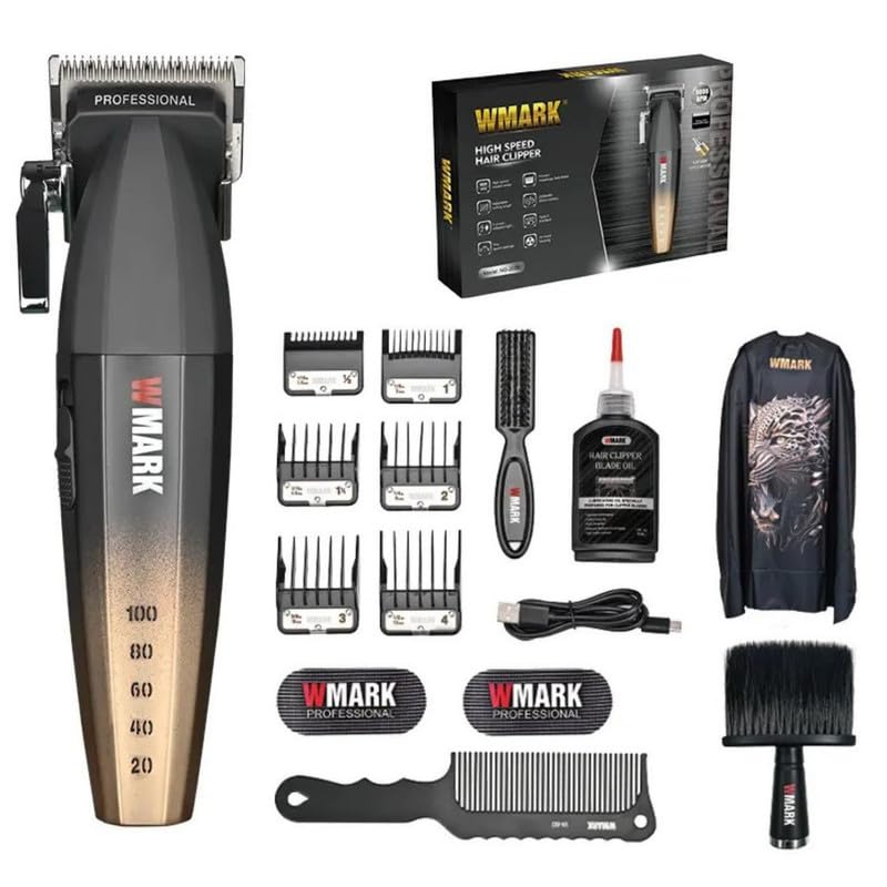 Image of WMARK Ultra Premium Professional 9000 RPM 2 Speed Hair Clipper Set Zinc Alloy Body Digital Display 6 Guide Comb Taper Lever Cutting Cape Cleaning Brush Hair Brush Hair Sticker 180 min, Model 21