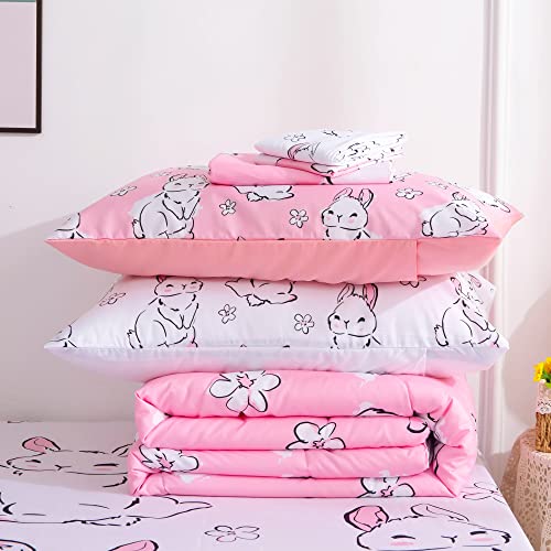 Niuone 7 Piece Bunny Comforter Set Queen Size Cute Rabbit Bed In A Bag For Girls Kids,Cartoon Flower Pink Bunny Comforter With Sheet Soft Microfiber Bedding Set,Queen #TOP7