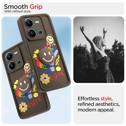 Image of Pikkme Back Cover for Vivo V25 5G | Soft Silicone| Cute Rainbow Smile & 3D Cartoon Flower Design | Shockproof Raised Camera Protection Bumper Case (Brown)