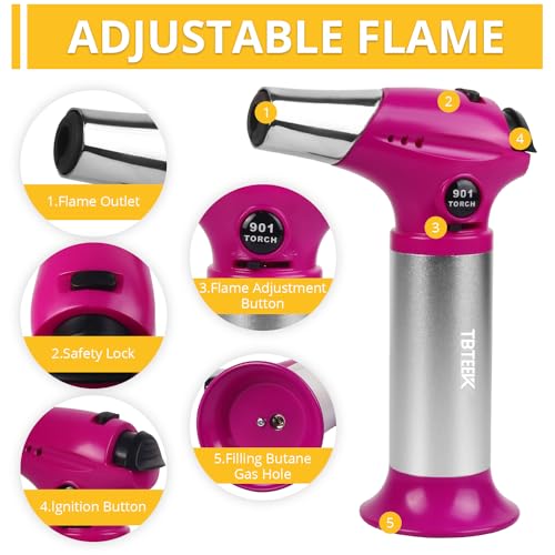 Image of TBTEEK Butane Torch T901, Kitchen Torch Cooking Torch with Safety Lock & Adjustable Flame for Cooking, BBQ, Baking, Brulee, Creme, DIY Soldering(Butane Not Included), Rose