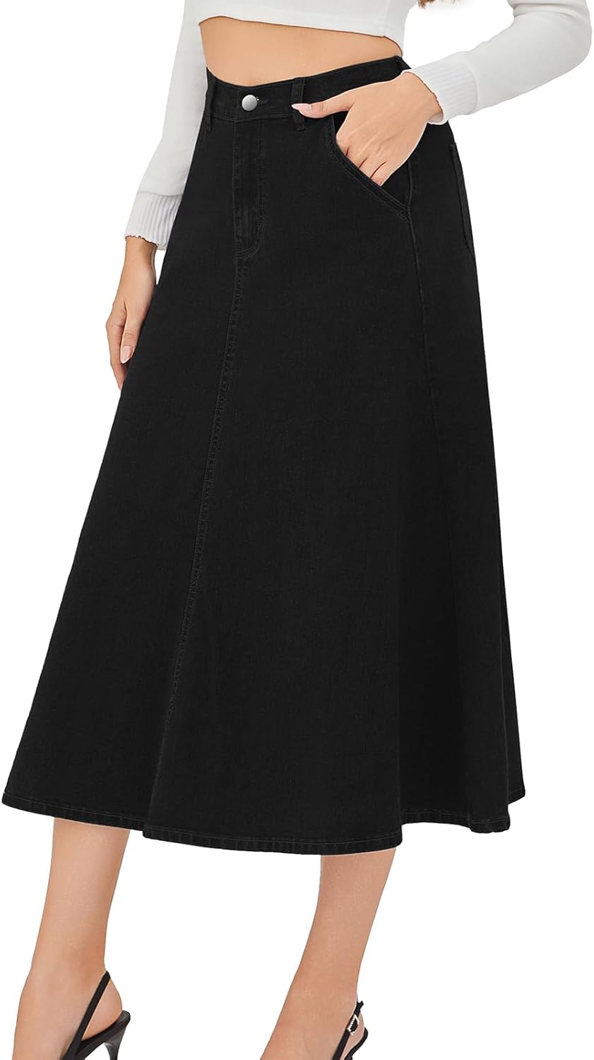 HUSKARY Women's Stretchy High Wasited A Line Long Maxi Jean Skirt Below Knee Length Flared Midi Denim Skirts with Pockets - Image 3