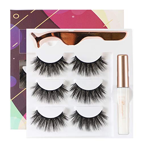 Eyelashes with Glue, 3 Pairs Natural False Eyelashes with Glue Reusable 3D Fake Eyelashes