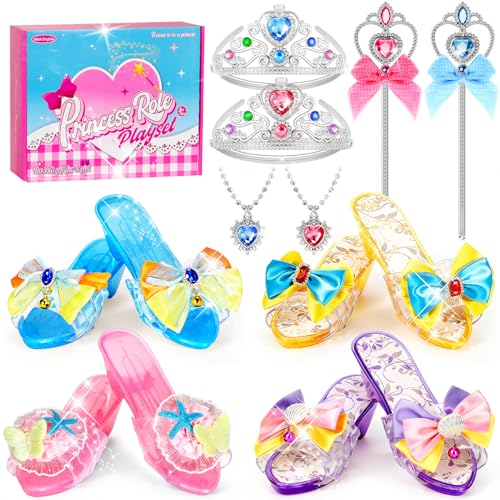 Easface Princess Dress Up Shoes Set, Toddler Princess Shoes for Girls, Pretend Play Dress Up Toys with Princess Necklace, Crown and Wand Set for Little Girls Gift Aged 3-6 Years Old