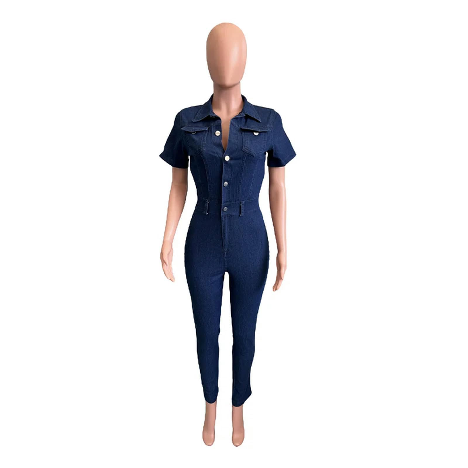 KWTF Combinaison sexy extensible à manches courtes en jean pour femme, bleu marine, M