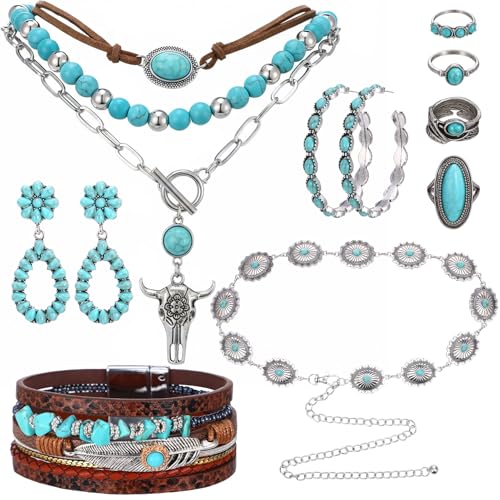 Zhamate Western Jewelry Set 9Pcs - Boho Turquoise Dangle Earrings Necklace Faux Leather Cuff Bracelet Ring with Concho Belt for Women Cowgirl Accessories