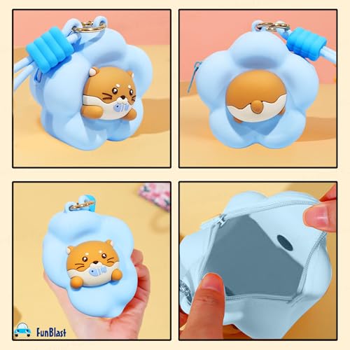 Image of FunBlast Soft Silicone Coin Pouch - Cute Animal Design Mini Purse with Strap, Multipurpose Silicone Pouch, Small Zipper Wallet for Kids & Girls, Kawaii Coin Bag - 9 X 9 X 6.5 cm (Blue)