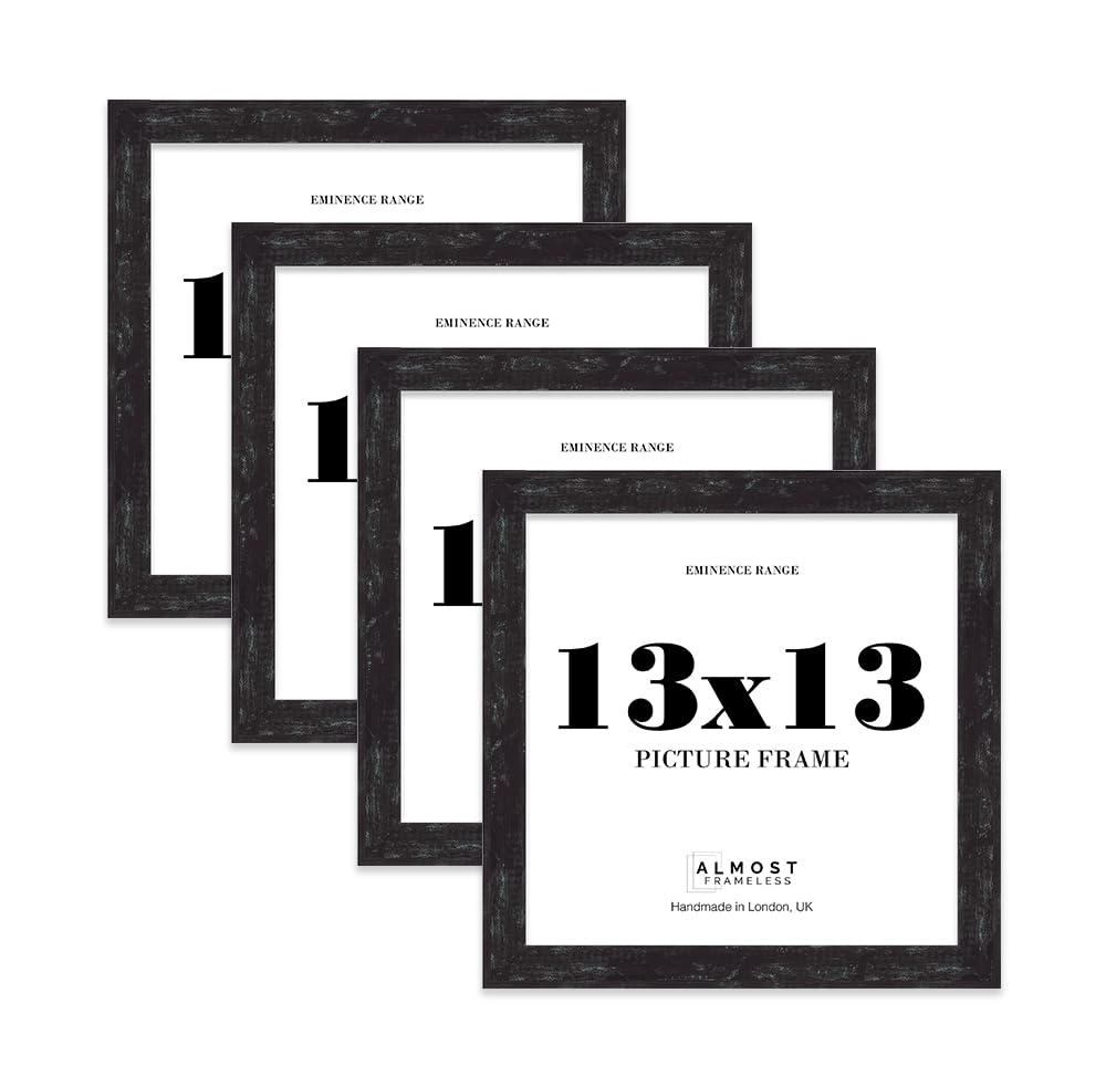 13x13" Distressed Black Picture Frame - Rustic Wood Industrial Effect Photo Frame for Wall Display, Ideal for Posters, Prints & Home Décor, Wall Hooks, 32mm Edge - 4 Pack