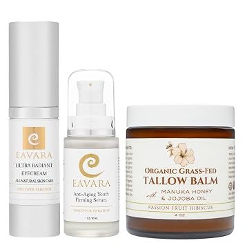 Eye Cream, Facial Serum, Tallow & Honey Balm Set Organic Skincare Trio with Grass-Fed Tallow, Hyaluronic Acid, Vitamin C, Manuka Honey Brightens & Deeply Moisturizes Sensitive Skin