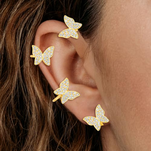Clip On Butterfly Ear Cuffs & Wraps for Women 2 Pairs, Rhinestone Non Piercing Ear Clips, Perfect for White Party, Wedding & Bridal Jewelry2
