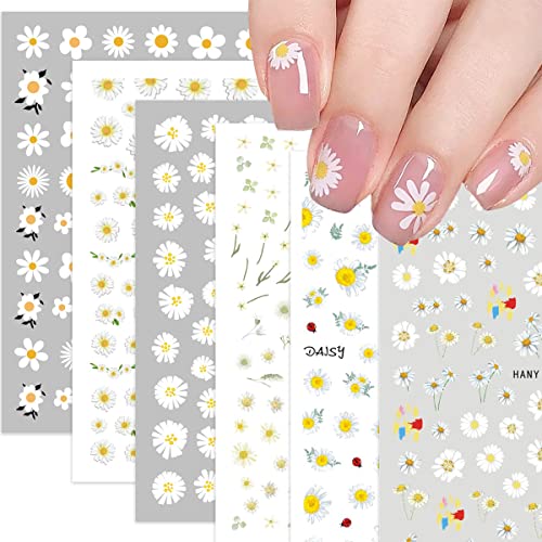 Flower Nail Stickers For Nail Art 3D Daisy Nail Decals Self-Adhesive Summer Daisy Nail Supplies For Women Nail Design White Floral Petals Pattern Nail Accessories For French Nail Decoration 6 Sheets #TOP9