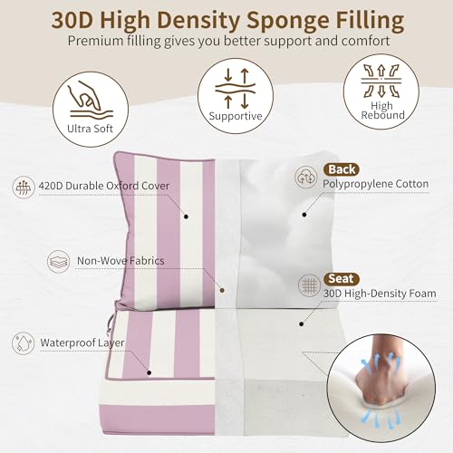 Image of 22x22 Outdoor Chair Cushions Set of 2, Waterproof Deep Seat Cushions for Patio Furniture with Removable Cover, Fade Resistant Outdoor Seat Cushion w / Ties & Handle for Sofa Loveseat,Pink White Striped