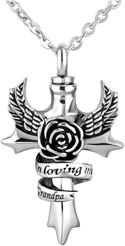 Miniatura 1 de in Loving Memory - Collar de urna de cremación con cruz para cenizas, alas de ángel, recuerdo conmemorativo, medallón
