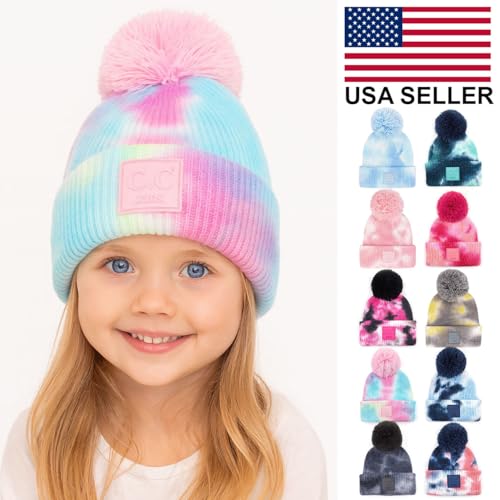 ScarvesMe Kids Tie Dye Beanie Hat with Rubber Patch and Yarn Pom3