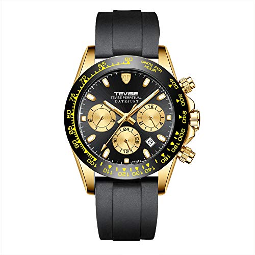 Preisvergleich Produktbild Herren Armbanduhr Automatisch-mechanische - Sechs-teiliges Zifferblatt-Design - Kalender, Leuchtend - Single Folding Buckle - Premium Rubber Strap -wasserdichte Armbanduhr@Schwarzes Gold