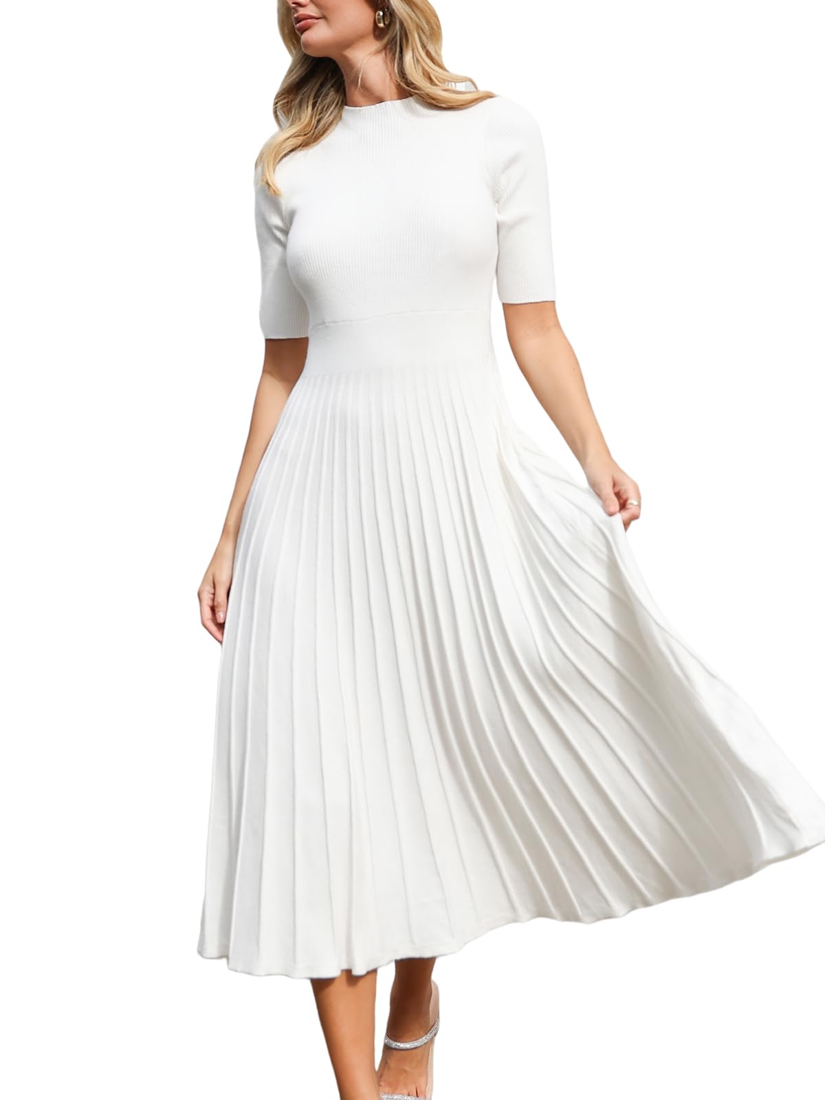 CUPSHE Women's Knitted Dress Stand-Up Collar Half Sleeve Pullover Dress Pleated Long Autumn Winter Elegant Jumper Midi Dresses