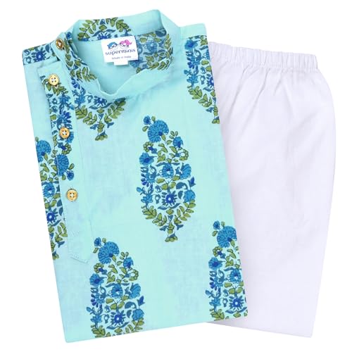Image of superminis Boys Cotton Full Sleeves Side Open Sanganeri Printed Kurta With Pyjama Set
