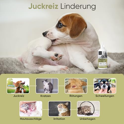 Juckreiz Linderung Tropfen - 250ml für Hunde und Katzen - Gräser-, Pollen- & Nahrungsmittelallergien - Mit Gingko, Brennnessel, Heidelbeeren & Huang Qin - Für alle Altersgruppen - animigo