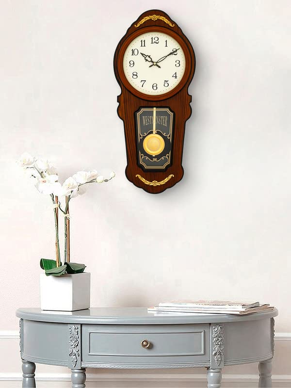 Image of CHRONIKLE Elegant Vertical Wooden Case Analog Pendulum Chime Musical Wall Clock for Living Room Home Decorations Office Gifts (Size: 26 x 10.3 x 56 CM | Weight: 1955 Gram | Color: Brown)