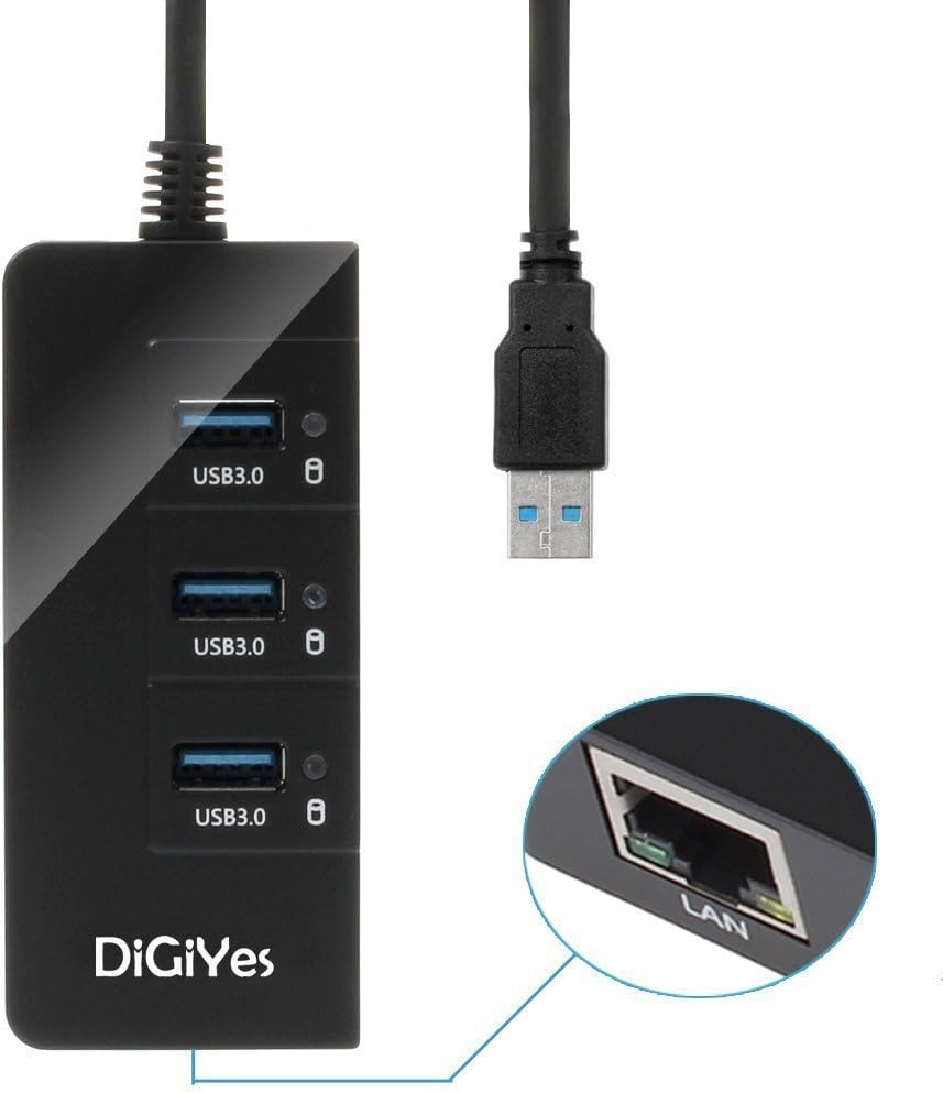 DiGiYes [2-in-1] 3-Port USB 3.0 Hub with RJ45 10/100/1000 Gigabit Ethernet Port Converter LAN Wired Network Adapter & Built-in 1Ft USB 3.0 Cable Support Windows XP / 7 / 8 / 10, Vista, Mac OS 10.6 and above, Linux
