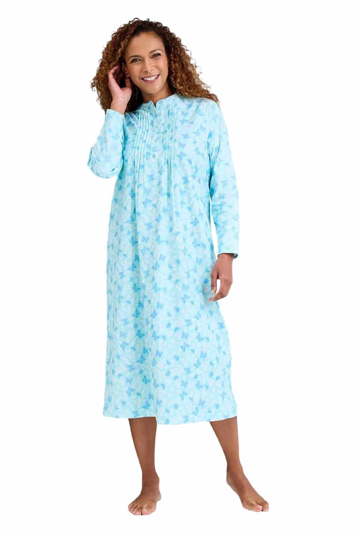 Amber Ladies Winceyette Long Sleeve Cotton Nightdress Pintuck Front Soft Brushed Cotton Leaf & Butterfly Print Aqua 12-14