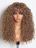 GORGIUS Veralux Blend Human Hair Curly Wig with Bangs Cinnamon Brown Shaggy Curl Glueless Bang Wig with True Scalp Upgraded with Natural Human-Hair-Like Premium Synthetic Fiber