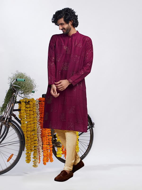 Kisah Men's Kurta Churidar Set, Burgundy Cotton, Embellished Long Sleeves Regular Fit Mandarin Collar (Small)