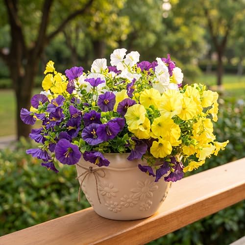 Image of Artificial Flowers for Outdoors, UV Resistant Fake Silk Morning Glory, Realistic Faux Plants for Outside Porch Patio Window Box Hanging Planter (12, Purple White Yellow)