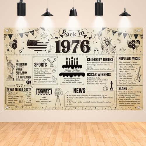 La Mejor Lista de Impresiónes en tela retro-iluminación del mes. 47 Hokinaa - Decoración para fiesta de cumpleaños 50 – Periódico retro clásico en 1976, telón de fondo de fotografía de pared, feliz alegría a 50 años de edad, accesorios de...