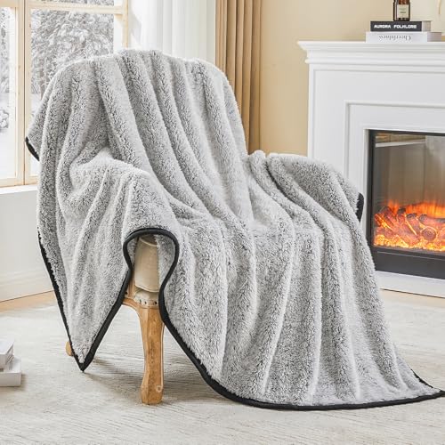 Image of EMME Soft Sherpa Fleece Blanket Reversible Plush Fluffy Large Blanket, Light Weight Warm Decorative Boho Blanket Cover for Sofa, Couch, Bedroom,Travel(Black,50 inchx60 inch)