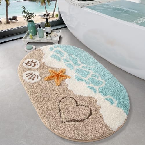 LUMI Soft and Absorbent Beach Bathroom Rug, Non-Slip Backing, Ideal for Bathroom, Kitchen and Entryway Decor, Sea Beach Starfish Shell Bath Decor, Azure Bay, 22'x34'