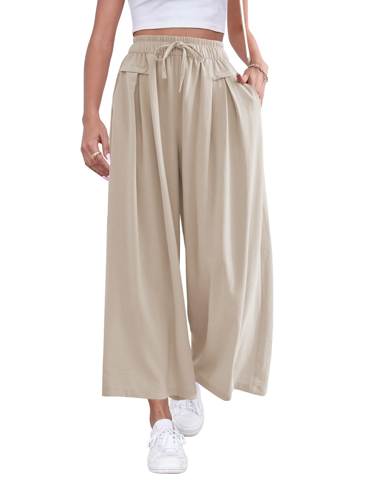 ZJCT Wide Leg Palazzo Pants for Women Summer Beach Pants Flowy Loose Casual Lounge Pajama Yoga Pants with Pockets