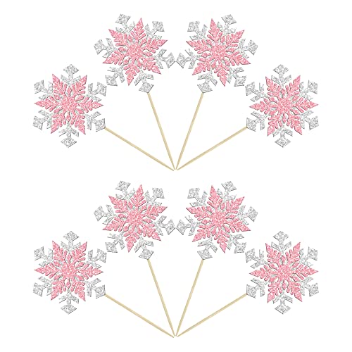 Gyufise 24Pcs Snowflake Cupcake Toppers Glitter Winter Frozen Cupcake Picks Little Snowflake Cake Decorations For Winter Wonderland Baby Shower Birthday Christmas Party Supplies Silver Pink #TOP6