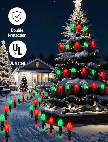 Image of 25Ft C9 LED Christmas Lights Outdoor, C9 Red and Green Christmas String Lights with 26 LED Shatterproof Bulb, Hanging Vintage Christmas Lights for Patio Xmas Tree Roofline Wedding Party Backyard Decor