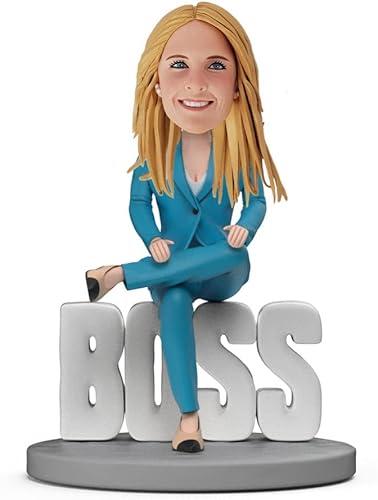 Muñeca personalizada con figuras de Bobble Heads, Lady Boss en traje azul, cabeza Bobble personalizada, figuras de cabeza Bobble hechas a mano,