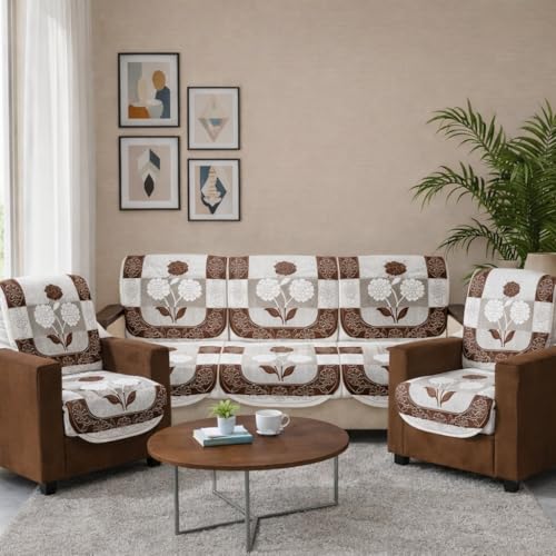 STITCHNEST 10 Piece Cotton Net Sofa Cover | Washable Protective Covers | Floral Design | Brown