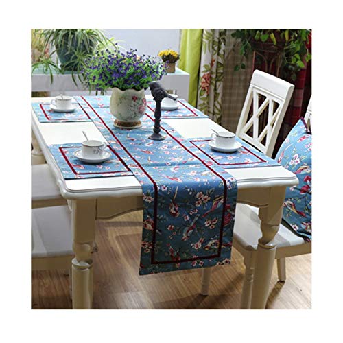 Chemin de table coton imprimé bleu pour repas de famille vintage