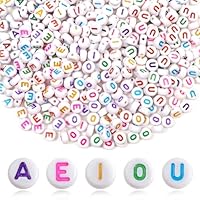 TOAOB 200pcs Vowel Letter Beads 7mm Round Acrylic Alphabet White Beads with Colorful Word A E I O U for Necklace Bracelet Jewellery Making