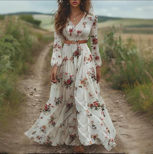 Women's Vintage Pastoral Maxi Floral Dress Long Sleeve V-Neck Western Cowgirl Long Flowy Dress2