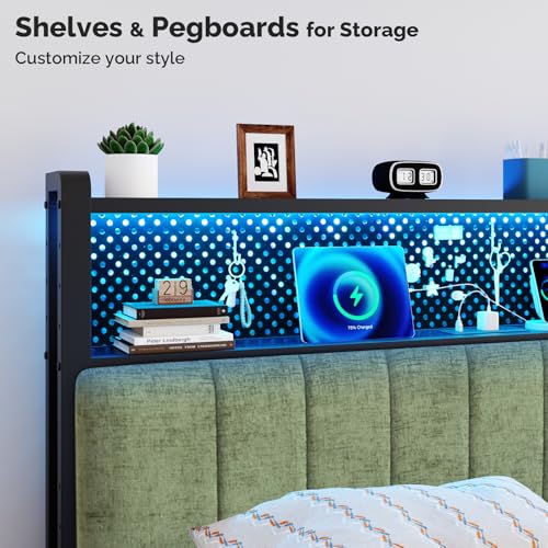 Image of VINGLI Chenille Green Upholstered Bookcase Headboard Only Full Size Height Adjustable Headboard with 2 Tier Shelves, LED Lights and Charging Station for Bed, Bedside Storage