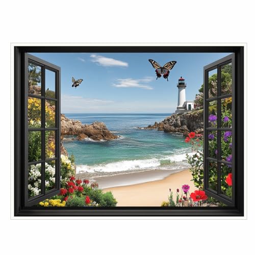 Window wall art summer beach outside the window print posters room aesthetic decoration window view modern country living room bedroom wall decor 11x14in Unframed