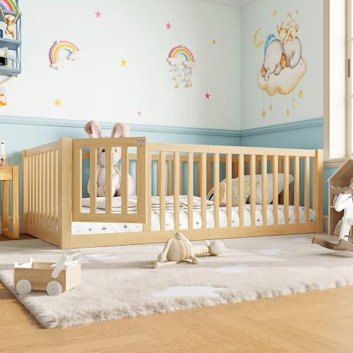 Image of Bellemave Twin Size Kids Montessori Floor Bed with Door,Solid Wood Floor Bed Frame with High Fence for Girls,Boys,Natural