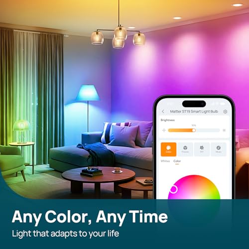 Image of Linkind Matter Smart Edison Light Bulbs, ST19 (58) Vintage Bulbs, 1 Pack | RGB Color Changing, Work with Alexa /Apple Home /Google, 2700K-6500K Warm White to Daylight, E26 LED Filament, 2.4G WiFi, 850LM