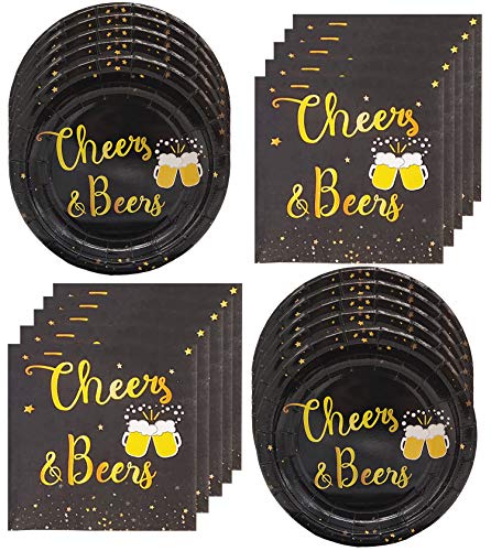 Cheers Beers Birthday Party Supplies,Black and Gold Tablewares(Plates and Napkins),Cheers Beers and Beer Mugs Design Perfect for Graduation Wedding Anniversary Christmas Party Supplies (16 Guest)