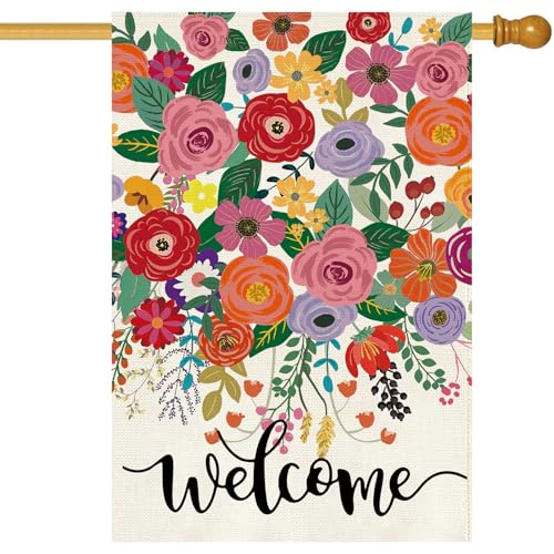 Baccessor Spring Summer Welcome House Flag Double Sided 28x40 Inch Burlap Floral Flowers Large Garden Flag Porch Patio Front Entry Yard Seasonal Farmhouse Outside Outdoor Decor