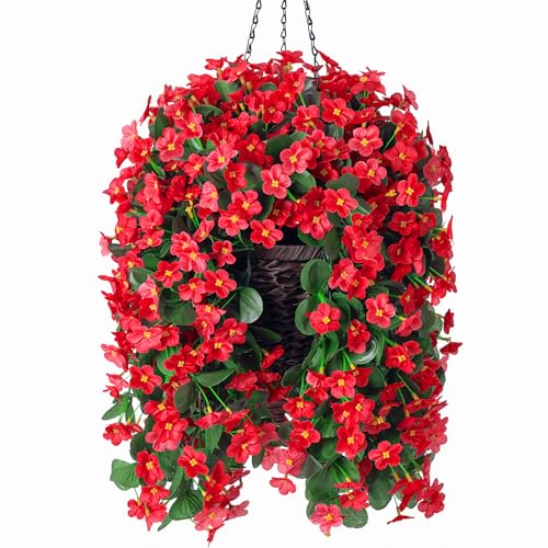 MJFloria Artificial Hanging Flowers with Baskets for Winter Christmas Decor, Fake Silk Red Hanging Daisy Orchid Flowers Plants, Faux Flower Centerpieces for Home Indoor Outdoor Garden Patio