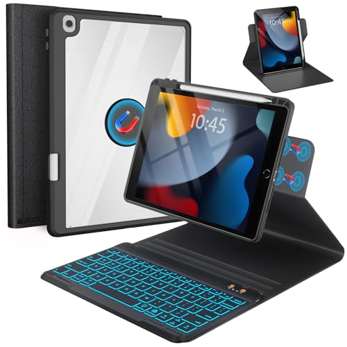 BLUTLOTUS Keyboard Case for iPad 9th/8th/7th Generation 10.2 Inch,360° Rotatable Magnetic Keyboard Case with Pencil Holder Grooves Design(2021/2020/2019),7 Color Backlit Detachable Wireless (Black) by BLUTLOTUS - Used condition - US$30.09