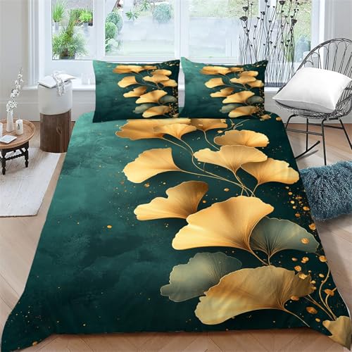 Genérico Funda Nordica Cama 180 Dorado Estampado Funda Edredon - 110gsm Microfibra Suave Funda NóRdica 260x240 y 2 Funda de Almohada 50x75 cm - Hoja de Ginkgo Fundas Nórdicas con CremalleraBKoz-1794